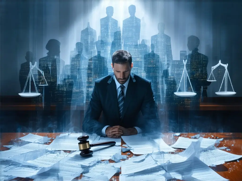 Administrador preocupado revisando documentos legales en una mesa con mazo y balanzas de la justicia, simbolizando la presión del concurso culpable y la responsabilidad del órgano de administración